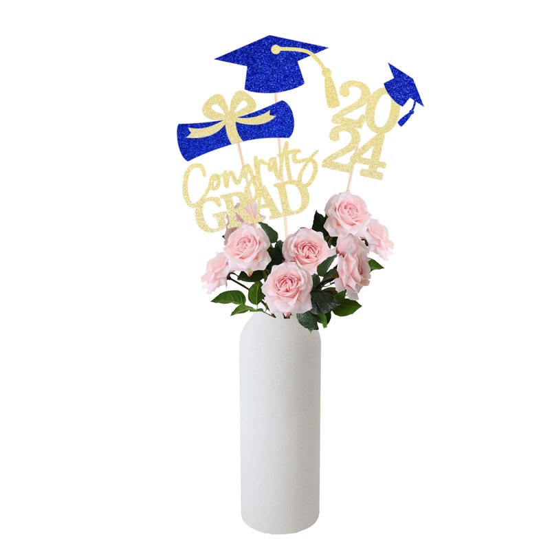 Gexolenu 16 PCS Gold and Blue Double-Sided 2024 Graduation Centerpieces for Tables, 2024 Table Toppers Party Centerpiece Sticks Party Supplies, Graduation Party Decorations Class of 2024, Set of 4 - Image 1